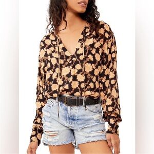 Free People Floral Tunic Blouse M Black Gold Boho V Neck Tie Long Sleeve Flowy